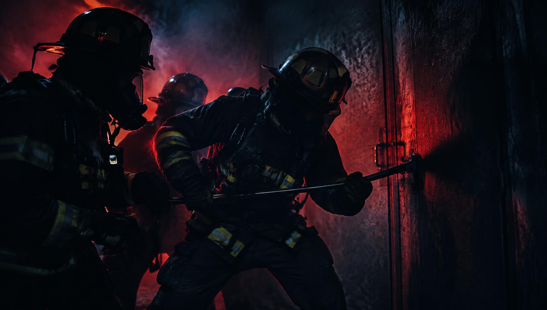 Firefighters training forcible entry on a steel door